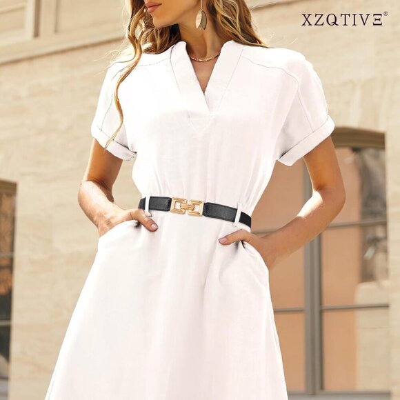 Women Skinny Elastic Cinch Belt 2-Pack Retro Gold Buckle Fits Waist 32-39